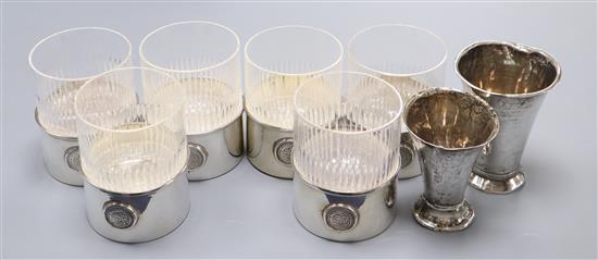 A suite of six Turkish 925 mounted cut glass tumblers and two 19th century Swedish white metal beakers.